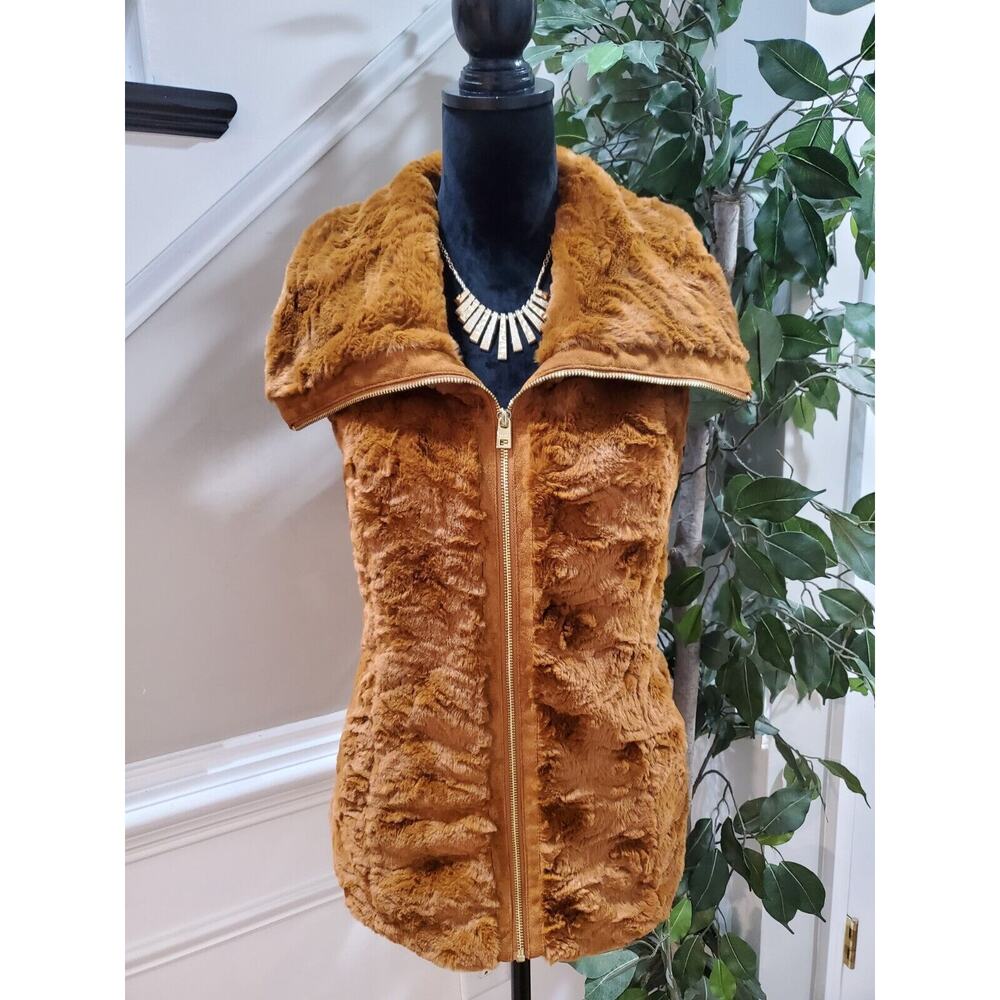 Marc New York Womens Golden Faux Fur Sleeveless Full Zipper Pockets Vest Large